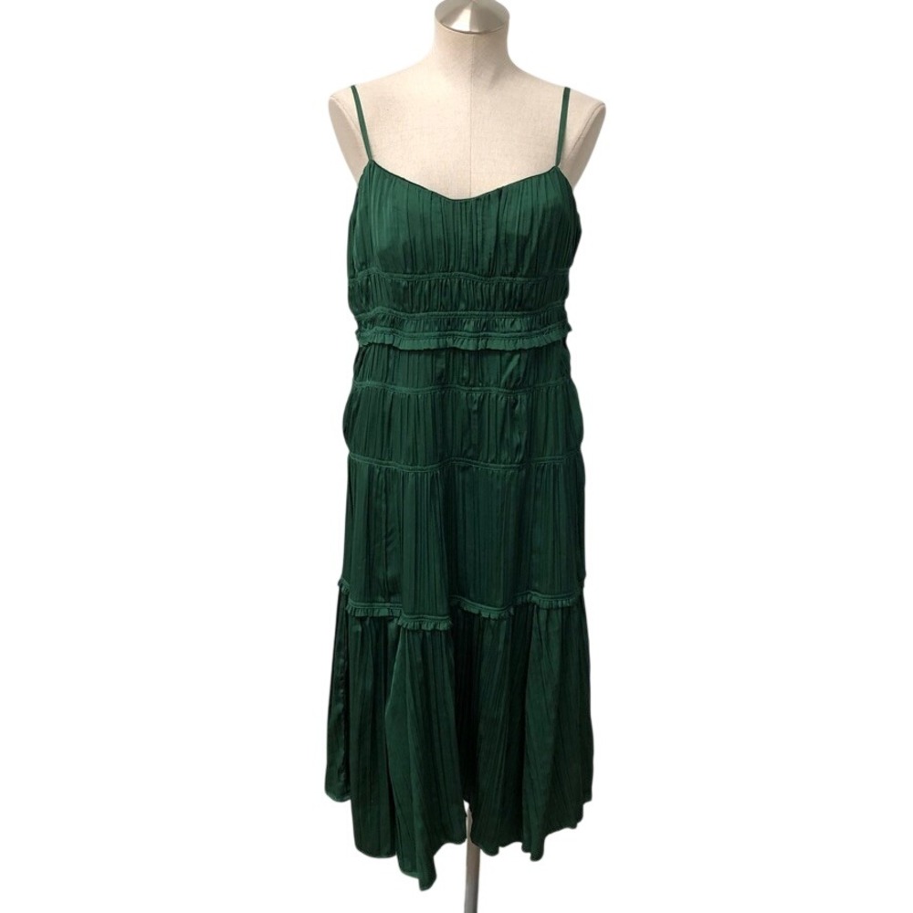 Anthropologie Tiered Midi Dress Womens 10 Green Pleated Ruffle Spaghetti Strap